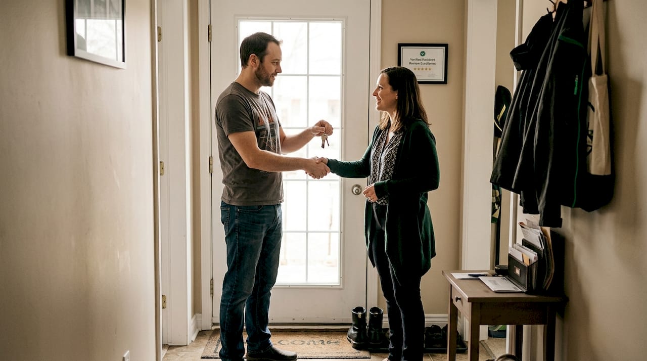 Home swappers exchanging keys in entryway