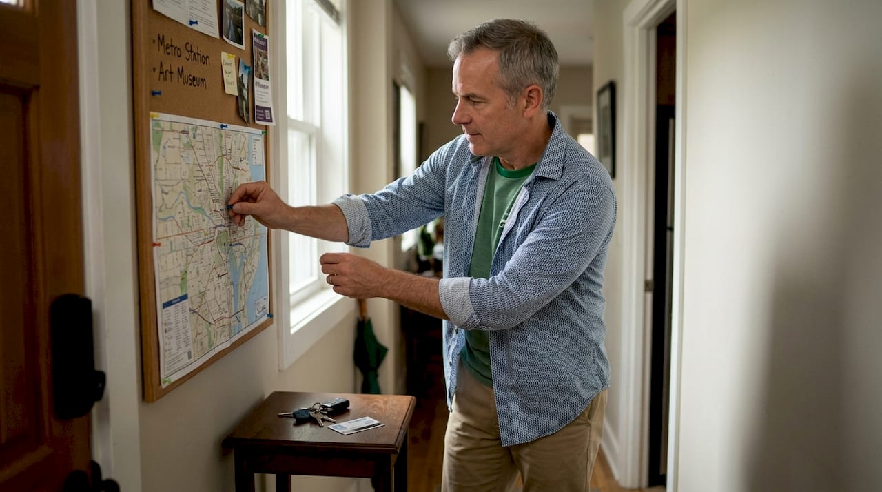 Man marking local attractions on entryway map