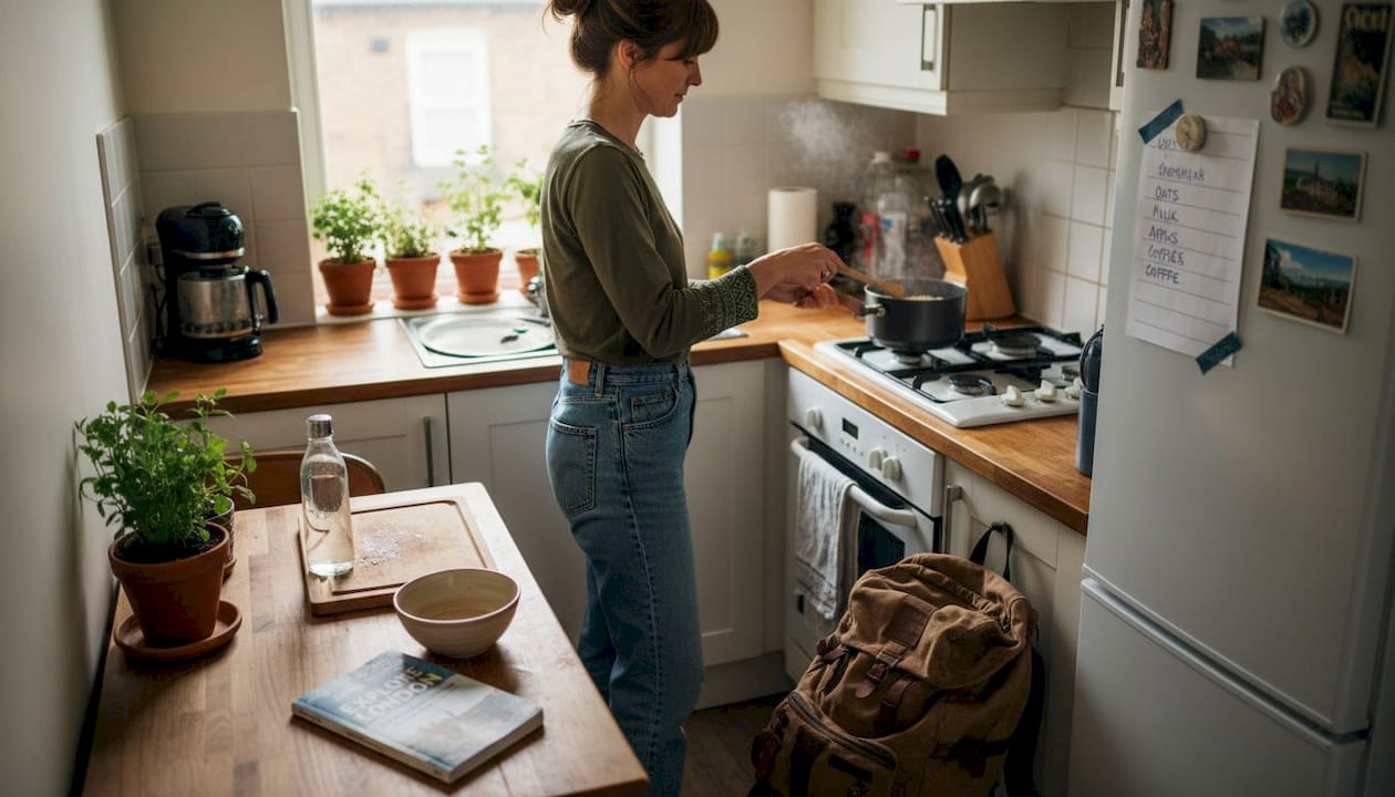 Traveler cooking breakfast in kitchen abroad