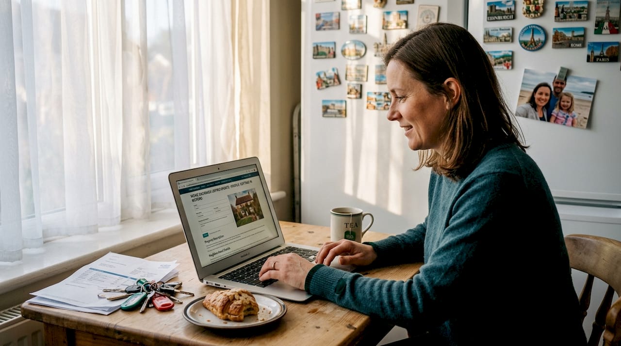 Woman updating online home swap profile