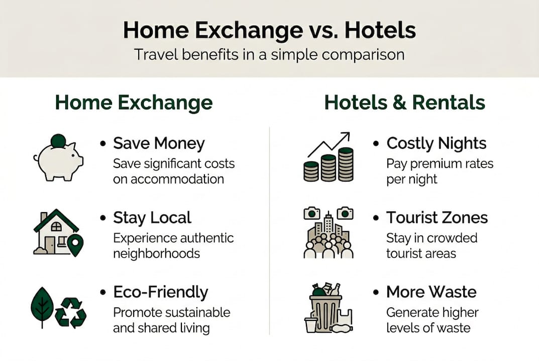 Infographic comparing home exchange and hotel benefits