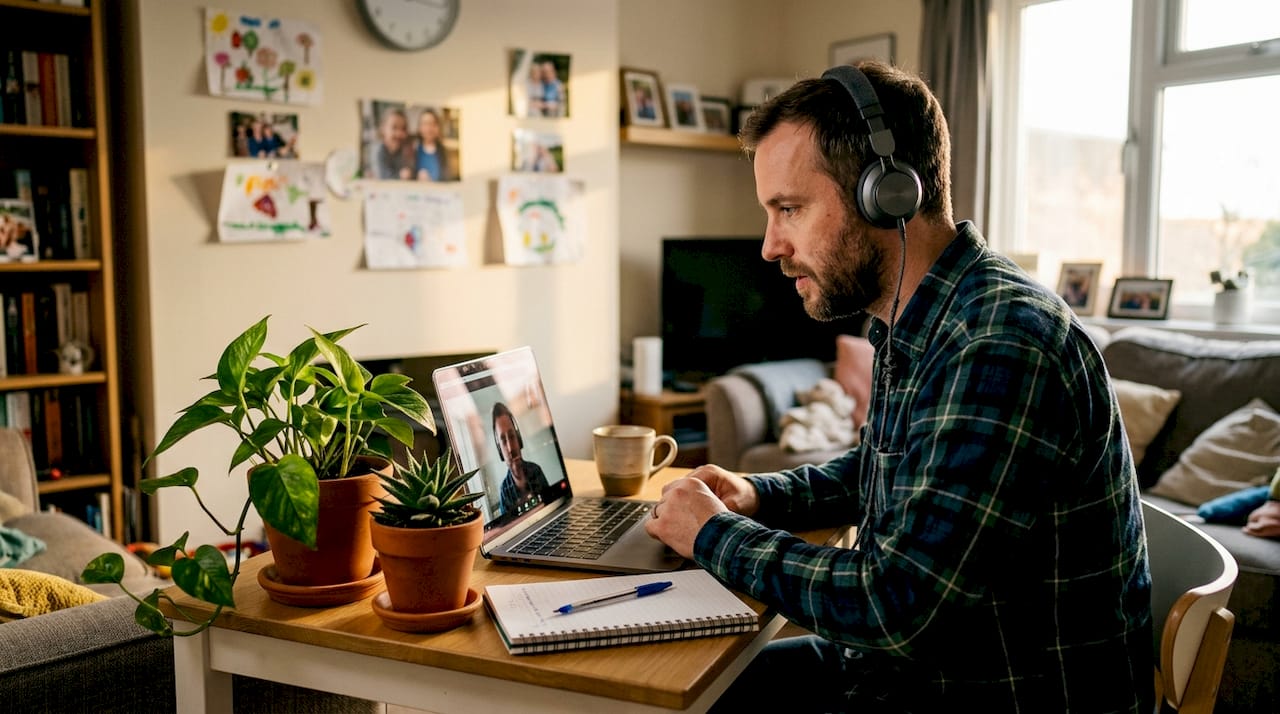 Man on video call confirming home swap safety