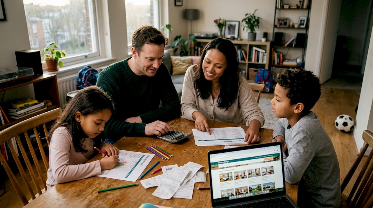 Family comparing travel savings at dining table