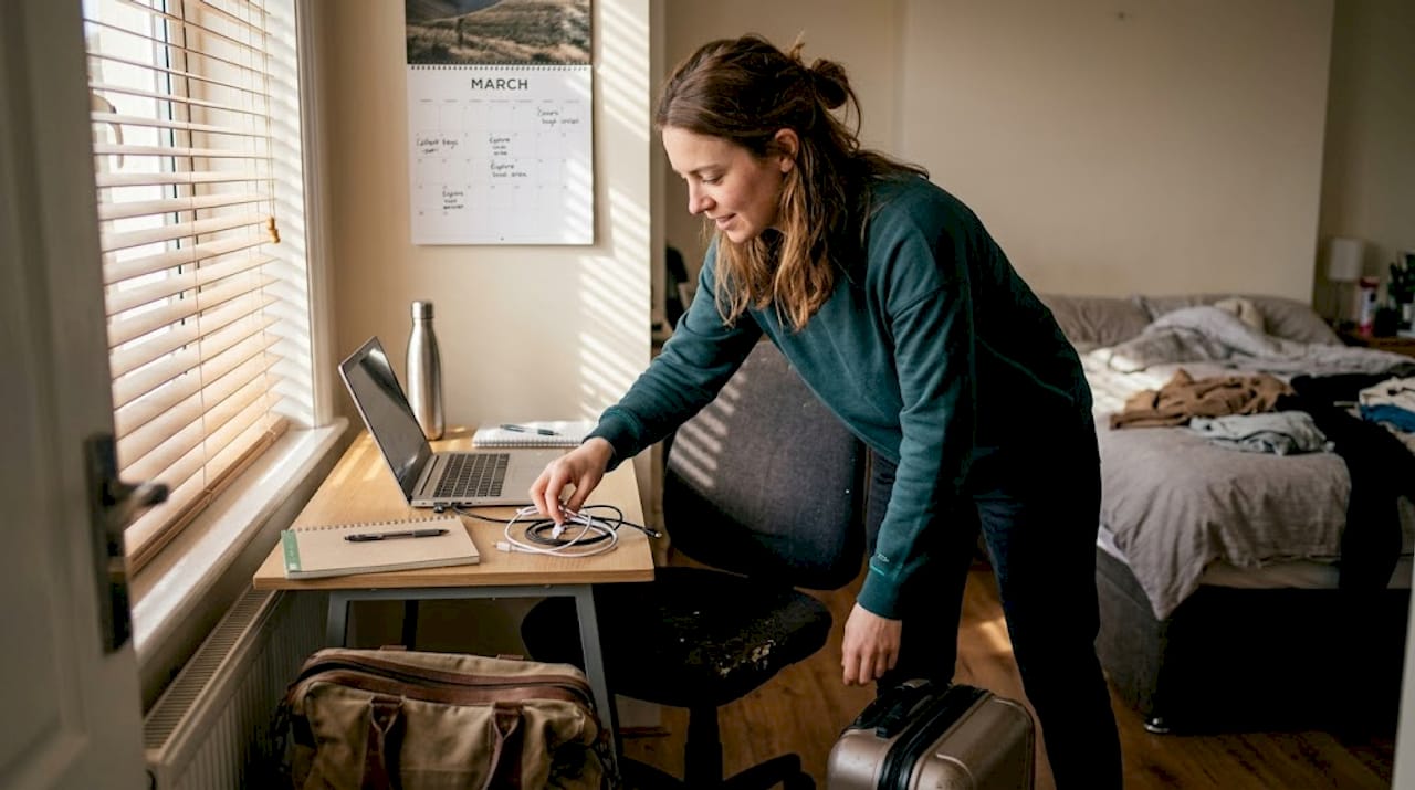 Woman organizing workspace in exchanged home