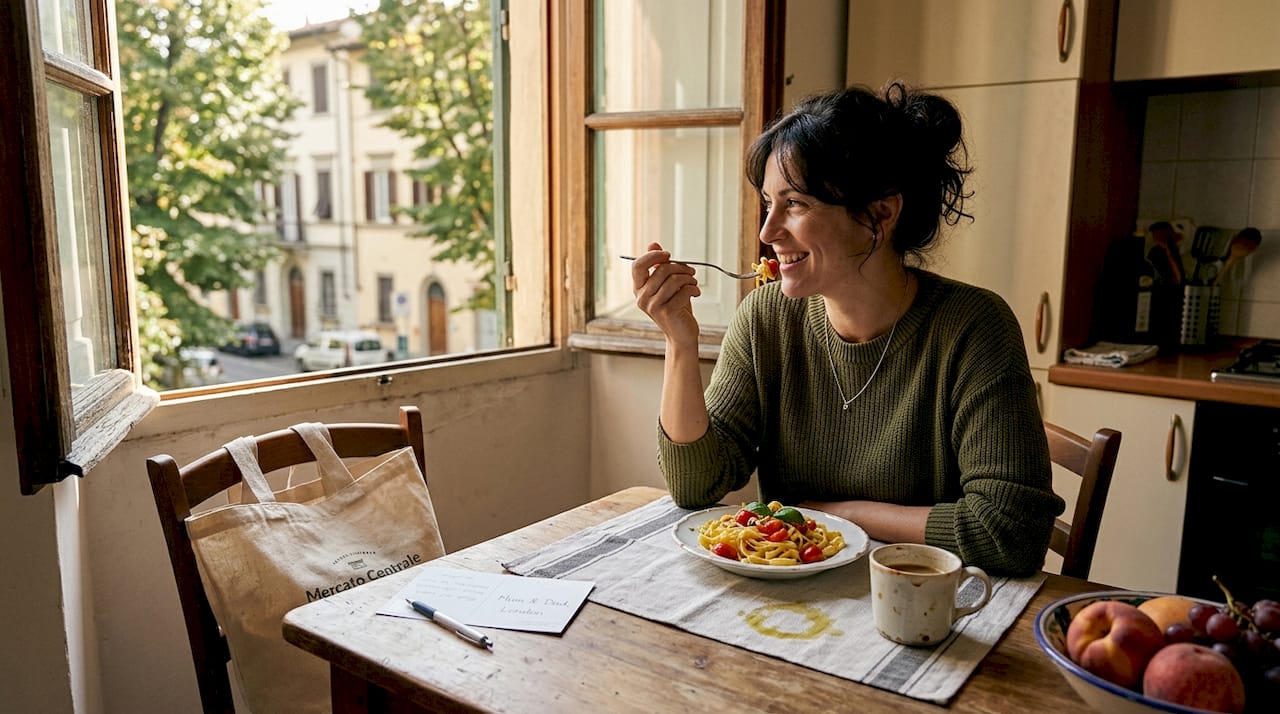 Traveler having meal in cozy home kitchen