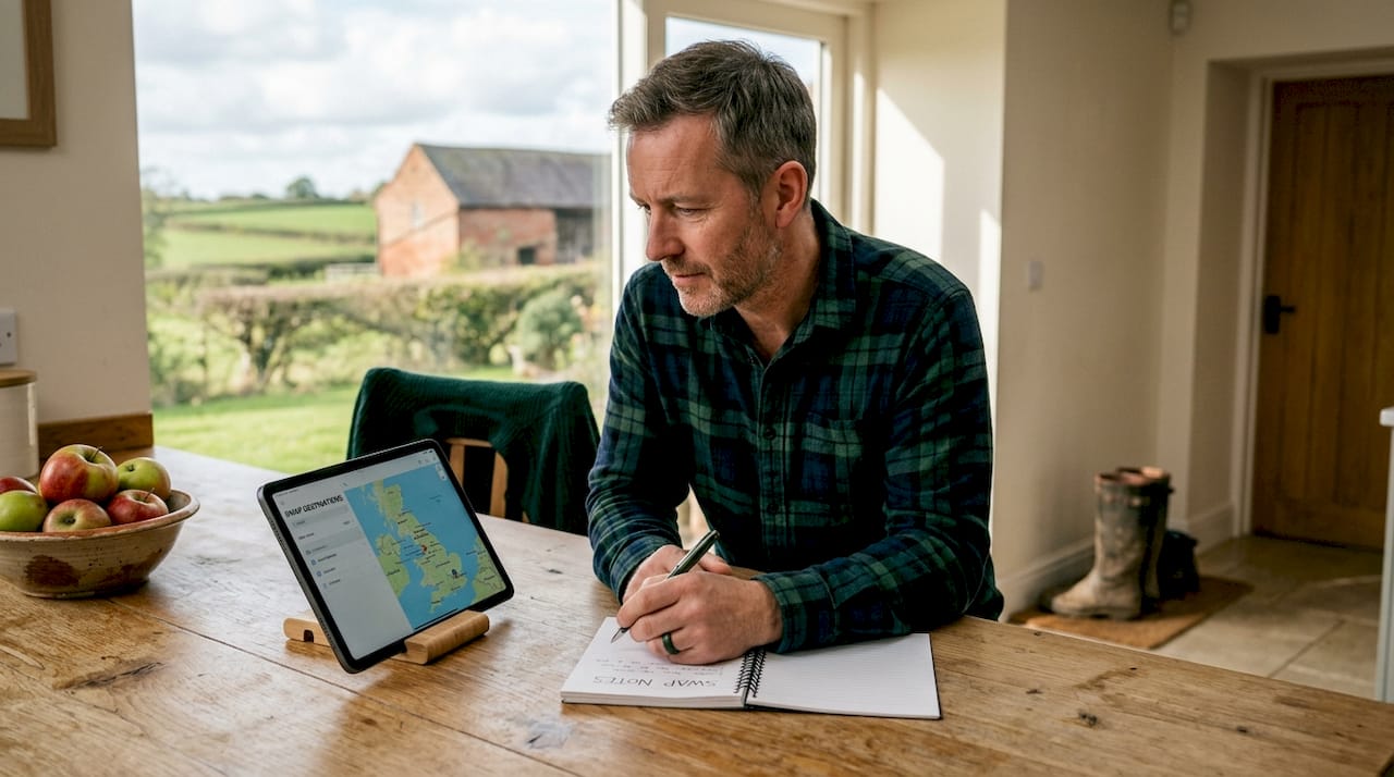 Man planning home exchange in country kitchen