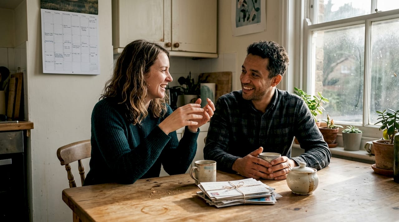 Pair chatting at kitchen table home swap