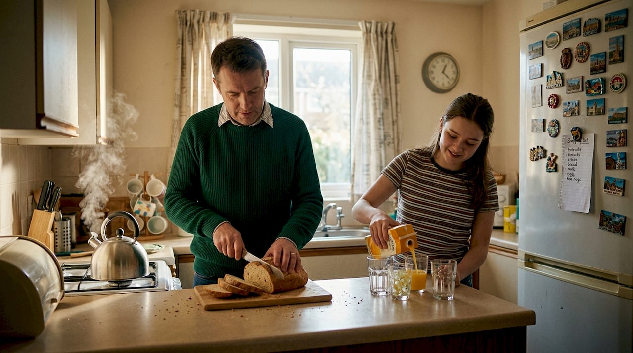 Family prepares breakfast in exchange home kitchen