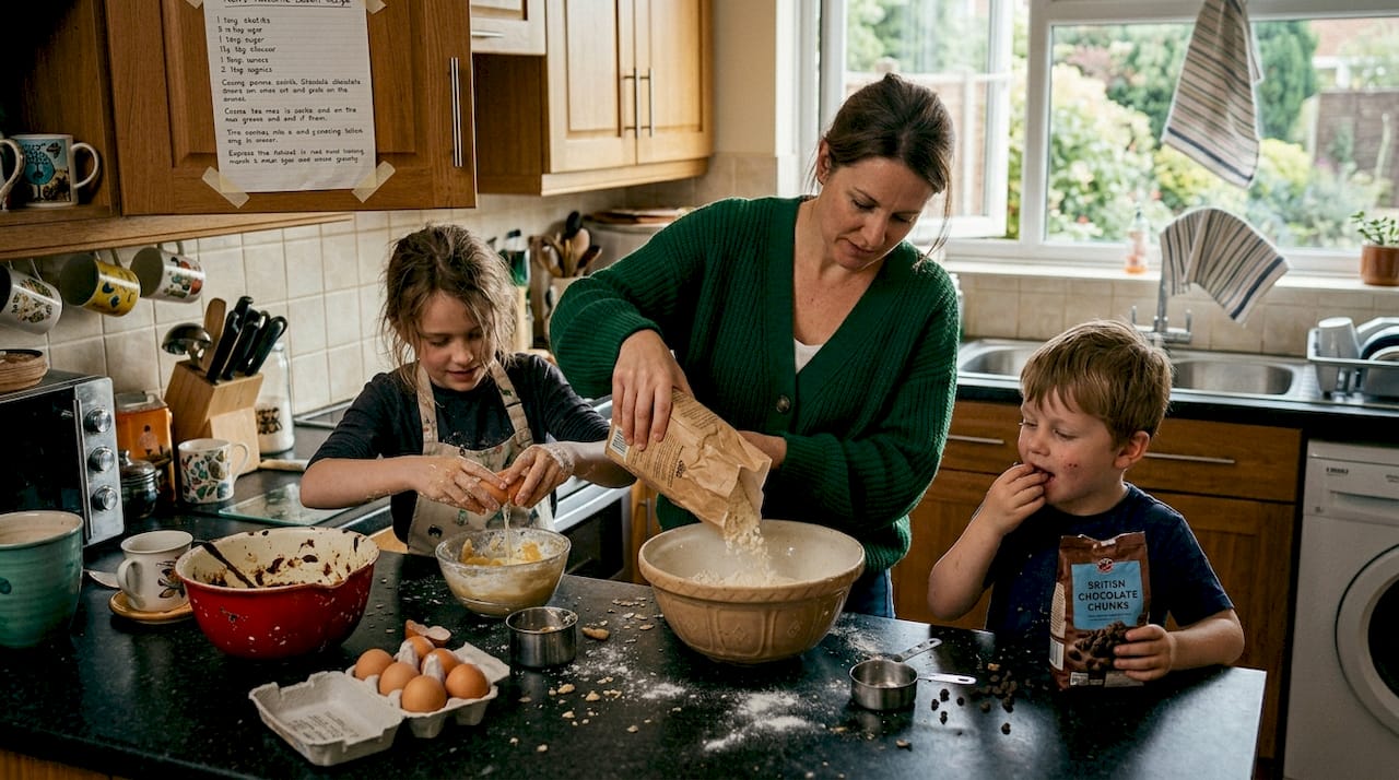 Children bake with mother in cozy kitchen