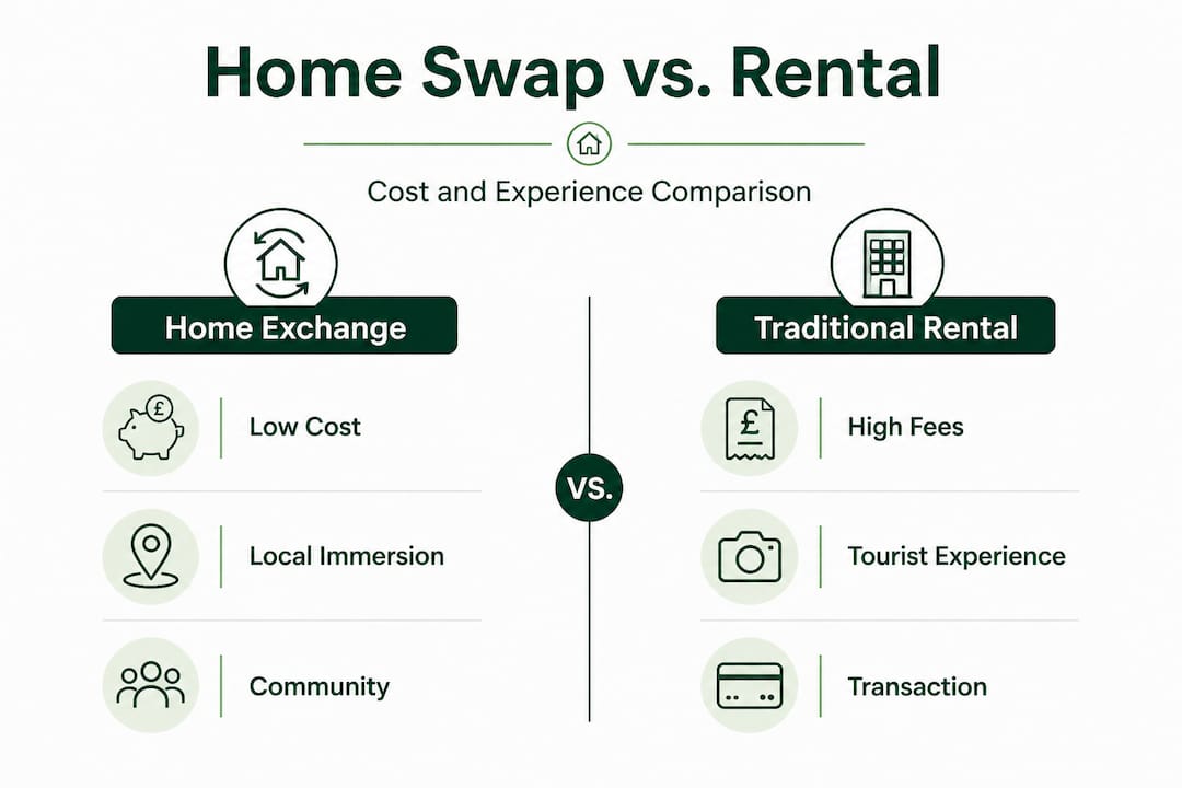 Infographic comparing home exchange to rental costs and experience