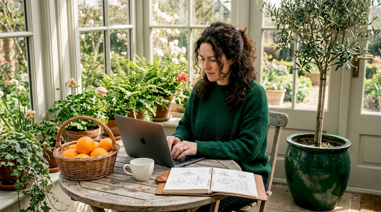 Woman researching home swap platforms at kitchen table