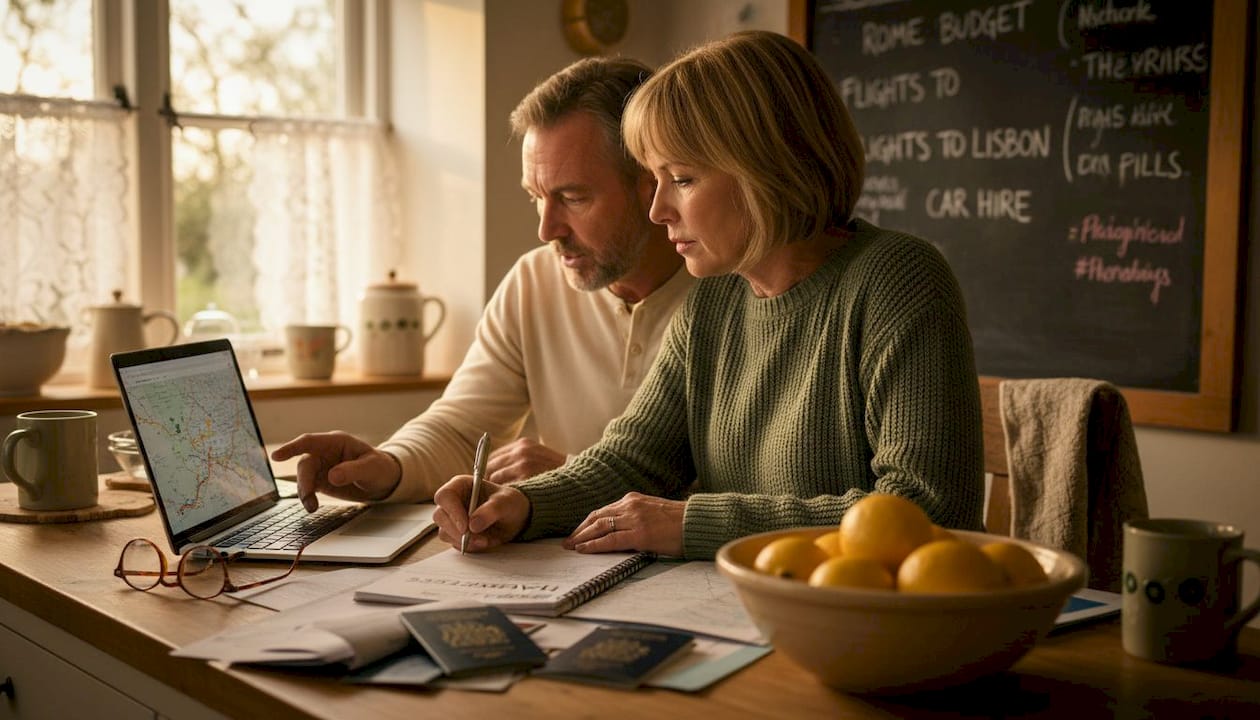 Couple reviewing travel savings on dining table