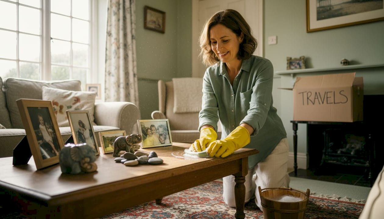 Woman cleaning living room before home swap