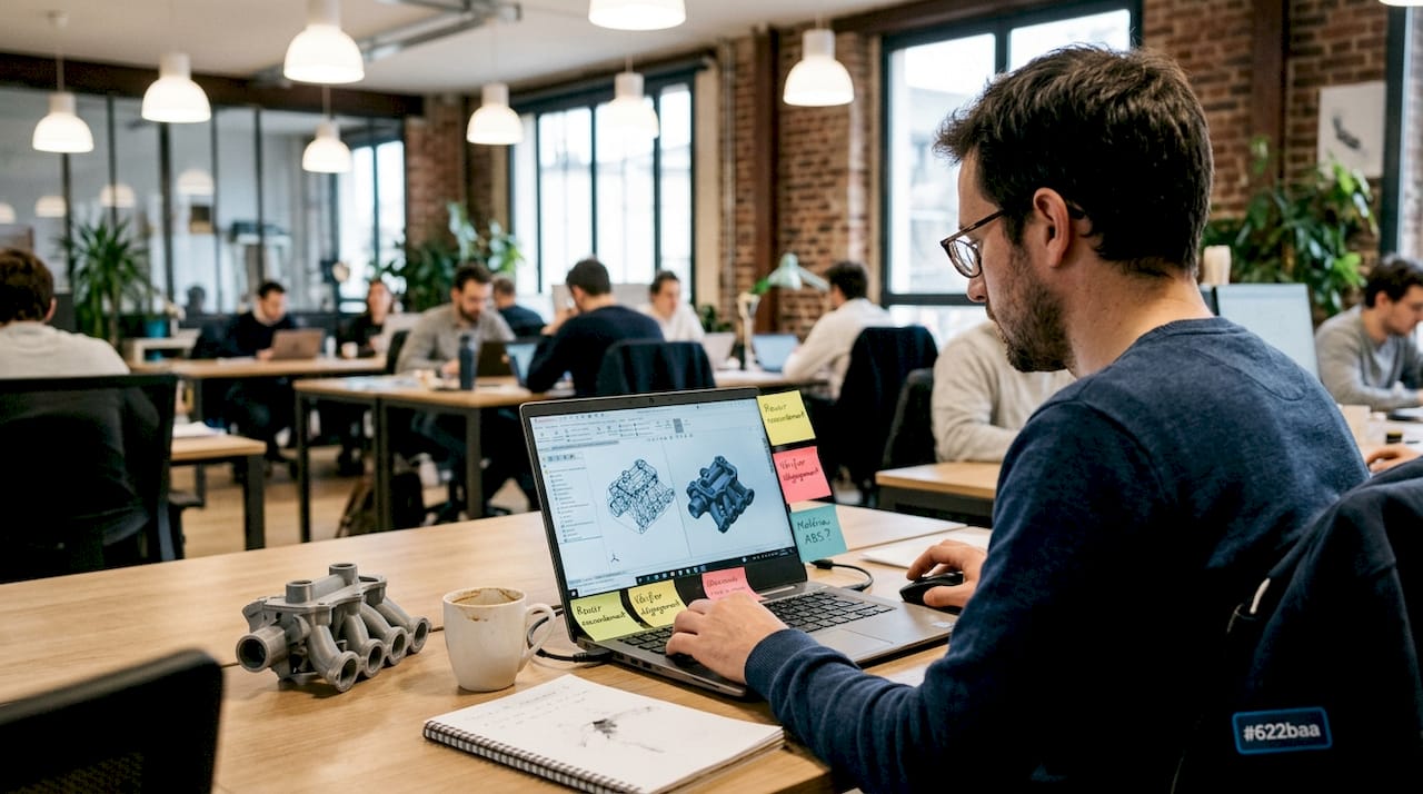 Guide complet pour concevoir en fabrication additive 1 Un designer en pleine création d’une pièce 3D sur son poste de travail.