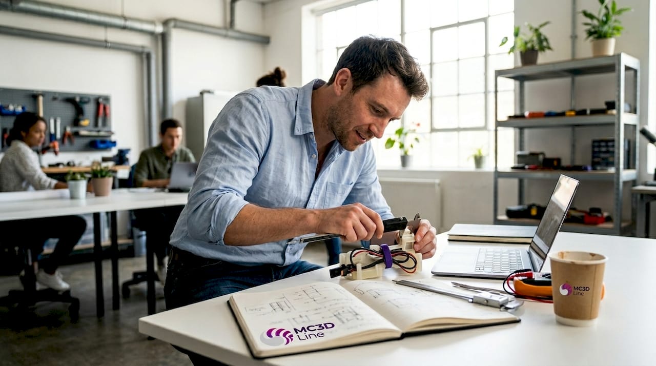 Certification 3D pour prototypes fonctionnels : normes et étapes 1 Un ingénieur examine minutieusement un prototype 3D installé sur son bureau.
