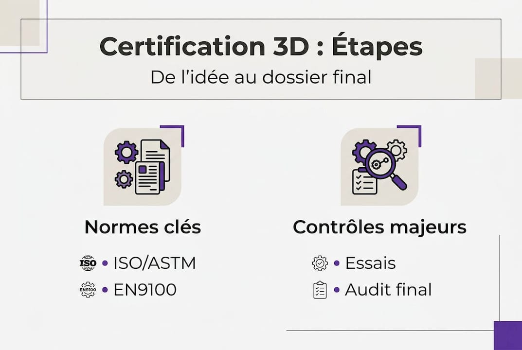 Certification 3D pour prototypes fonctionnels : normes et étapes 2 Découvrez en un coup d’œil les différentes étapes pour obtenir la certification 3D grâce à notre infographie.