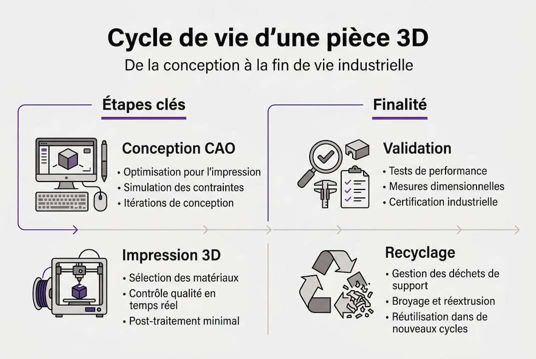 Schéma illustrant les différentes étapes de vie d’une pièce imprimée en 3D
