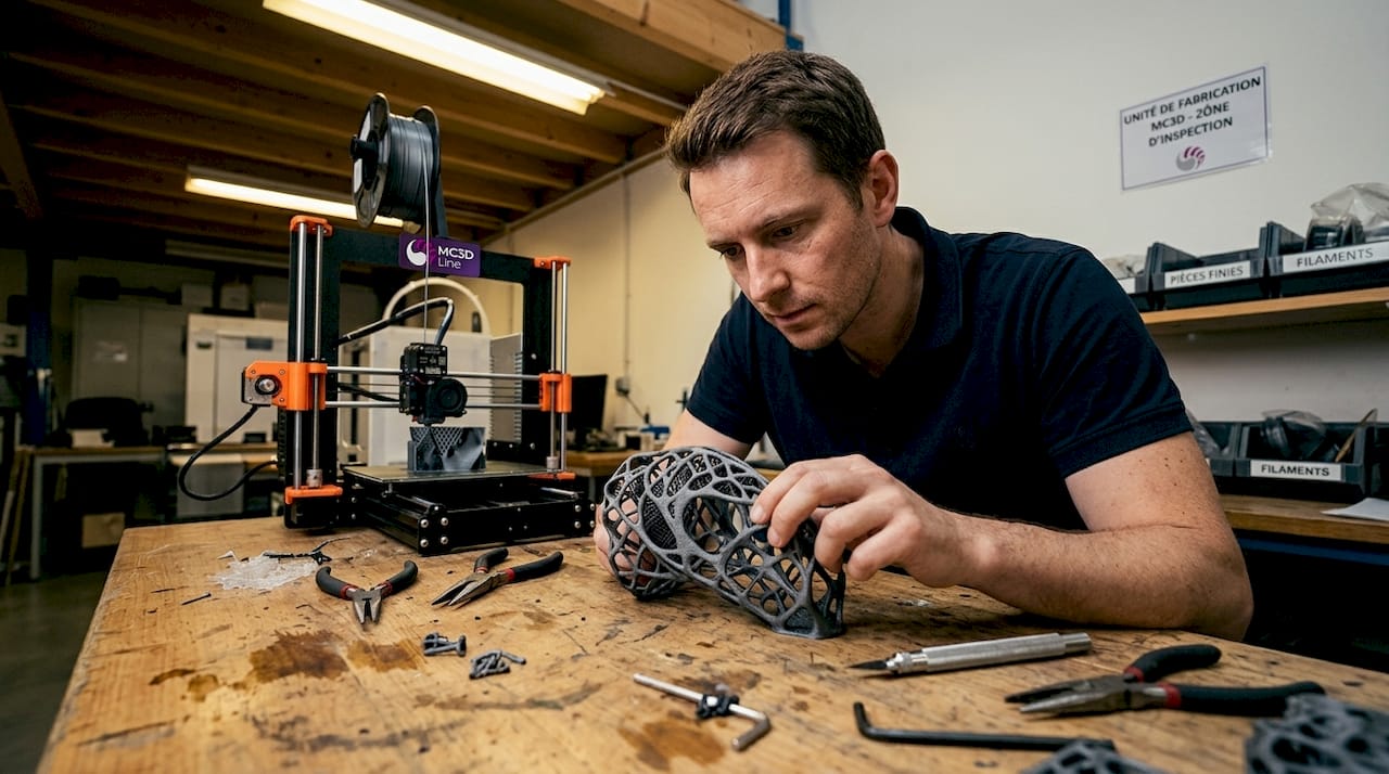 Un technicien examine une pièce réalisée en impression 3D et optimisée grâce à la topologie.
