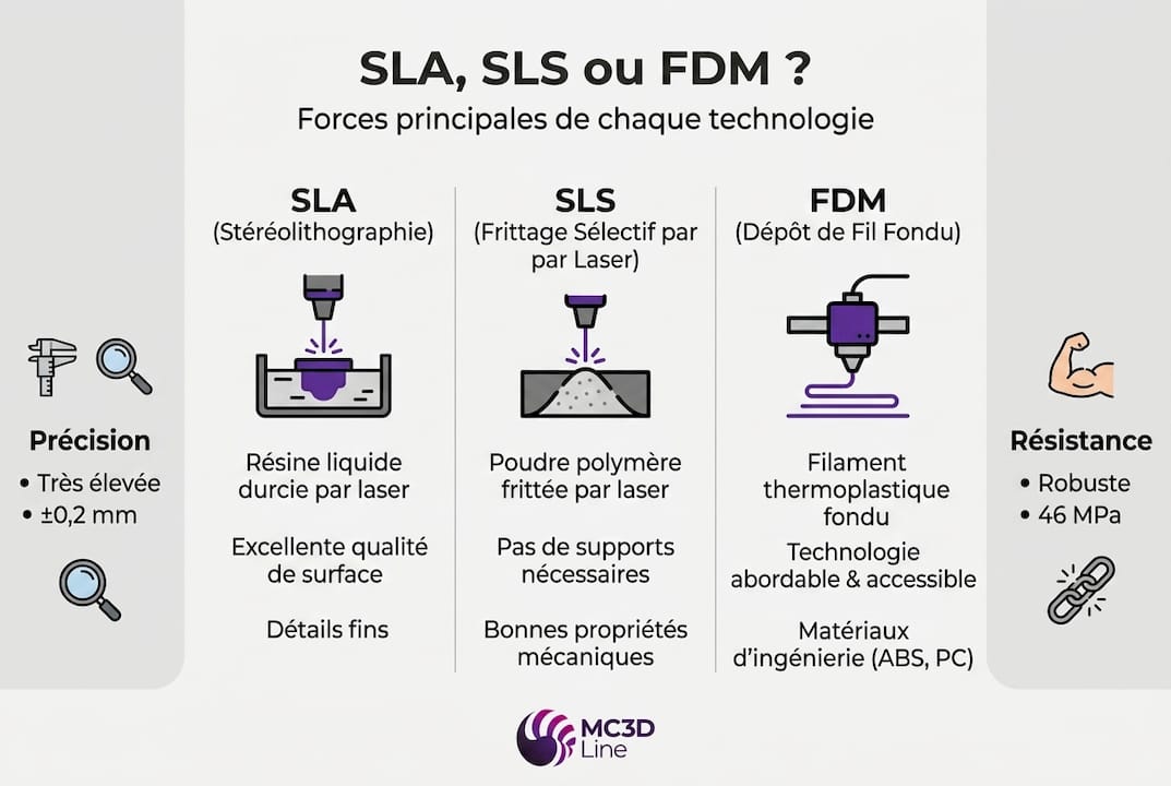 Comparatif SLA, SLS, FDM : choisir l'impression 3D industrielle 2 Visuel épuré pour mettre en parallèle les technologies d’impression 3D SLA, SLS et FDM