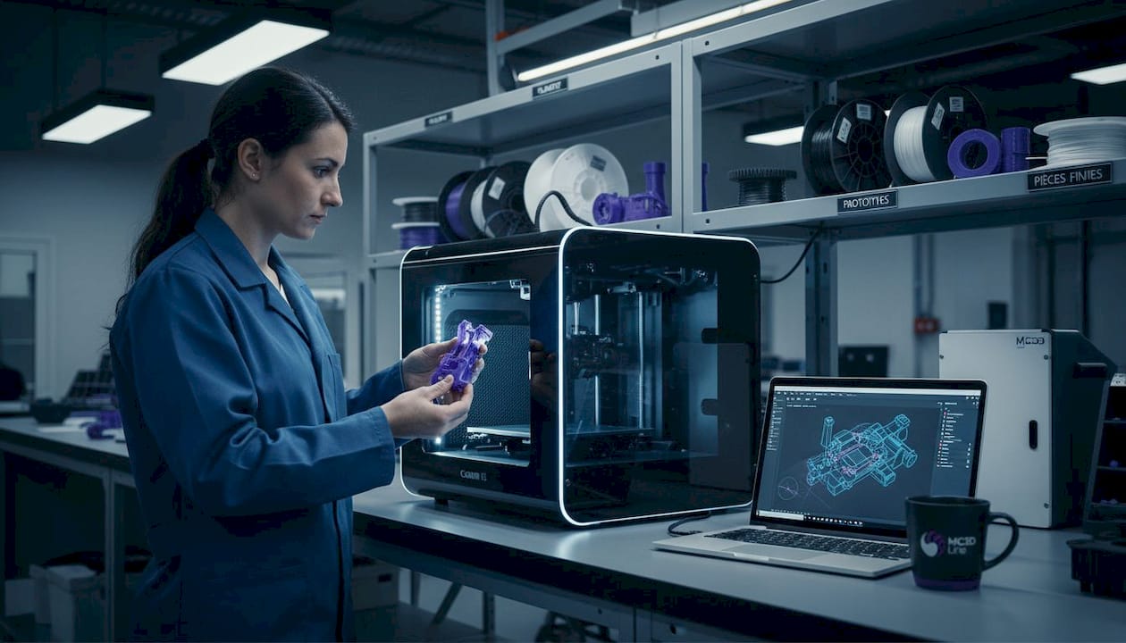 Comprendre les impacts économiques de l'impression 3D industrielle 3 Une ingénieure inspecte une pièce en 3D dans l’atelier.