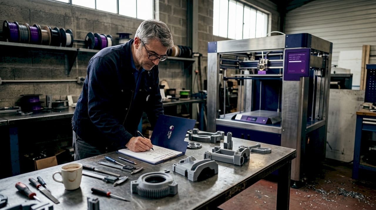 Un ingénieur en usine examine de près les prototypes réalisés par impression 3D afin de vérifier leur conformité.