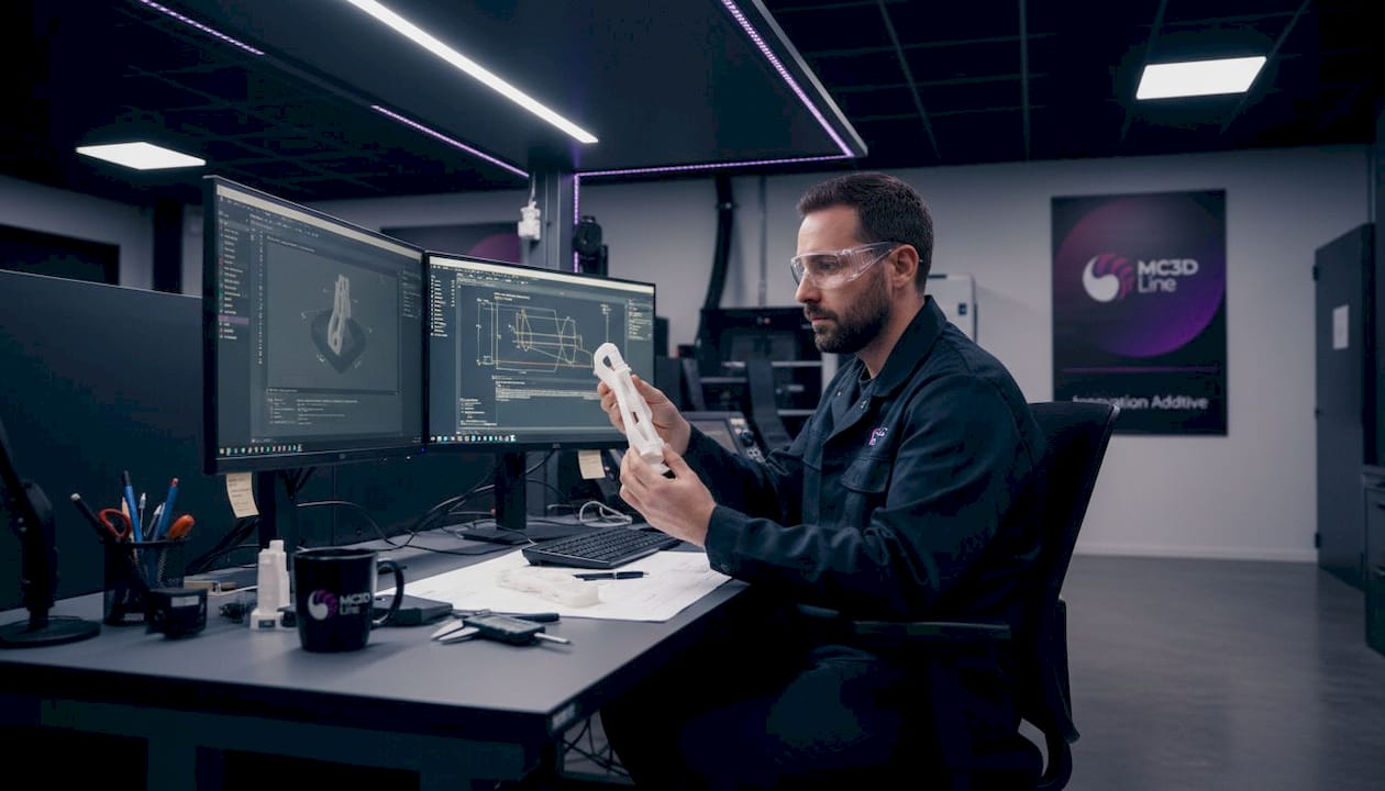 Un ingénieur examine attentivement une pièce réalisée en impression 3D sur son établi.