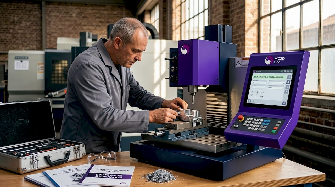 Un technicien procède au réglage d'une pièce sur une fraiseuse CNC compacte.