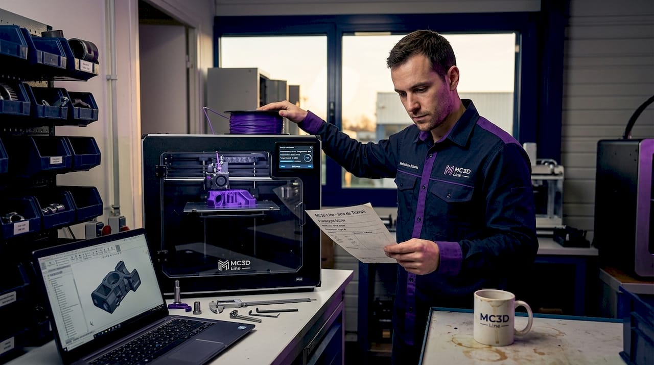 Un technicien examine en priorité une impression 3D urgente dans l’atelier.