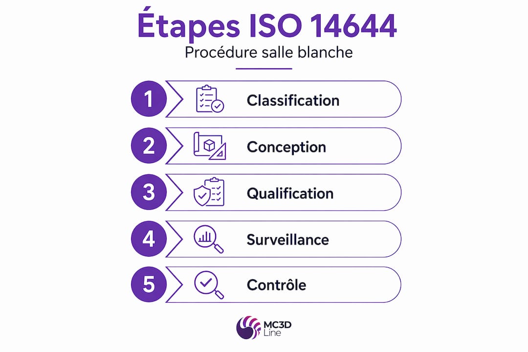 Infographie : les étapes clés de la norme ISO 14644 pour les salles blanches