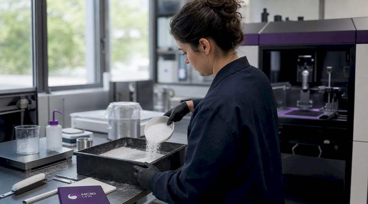 Technicien chargé de la conduite d’une machine SLS pour l’impression 3D en nylon
