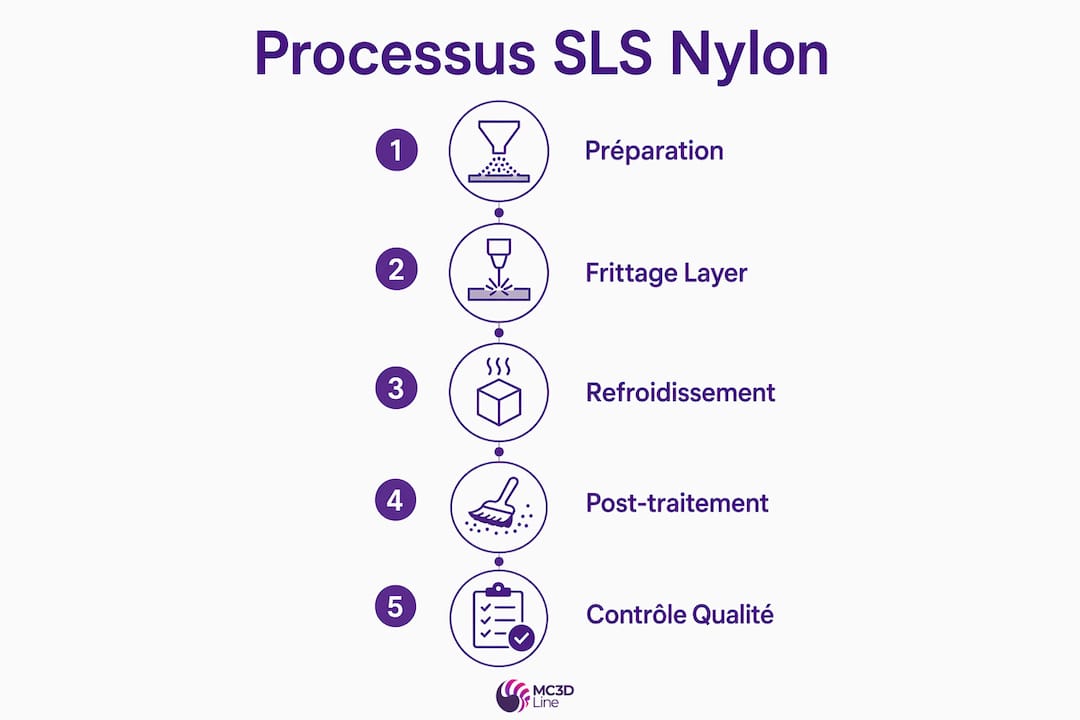 Présentation visuelle des différentes étapes du procédé de fabrication SLS du nylon