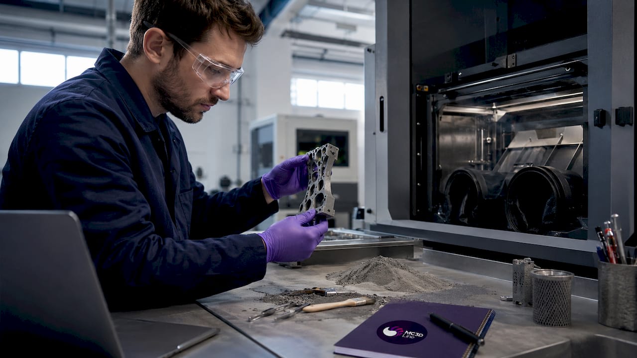 Technician inspecting metal 3D printed part in lab