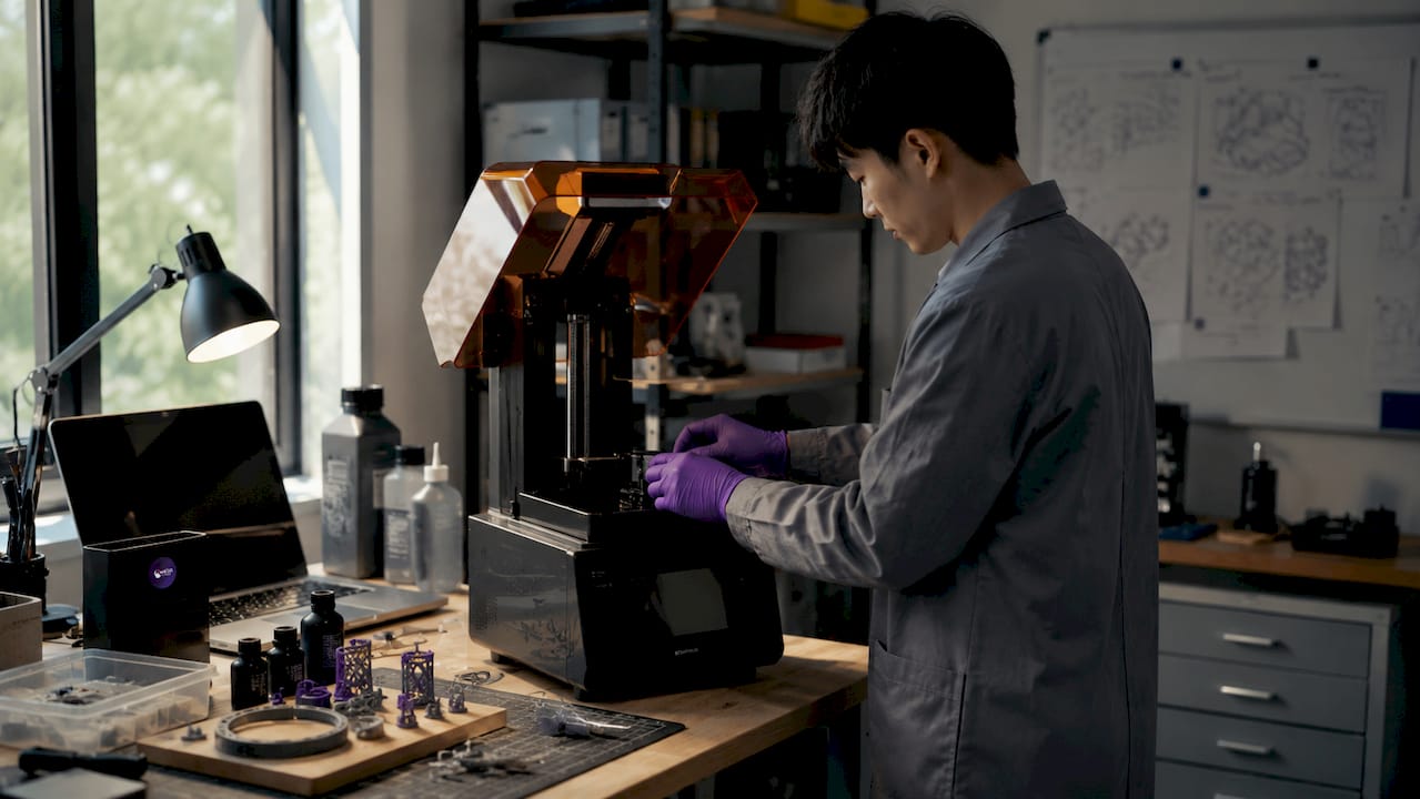 Un technicien en plein travail sur une imprimante 3D industrielle de dernière génération, dans un laboratoire spécialisé.