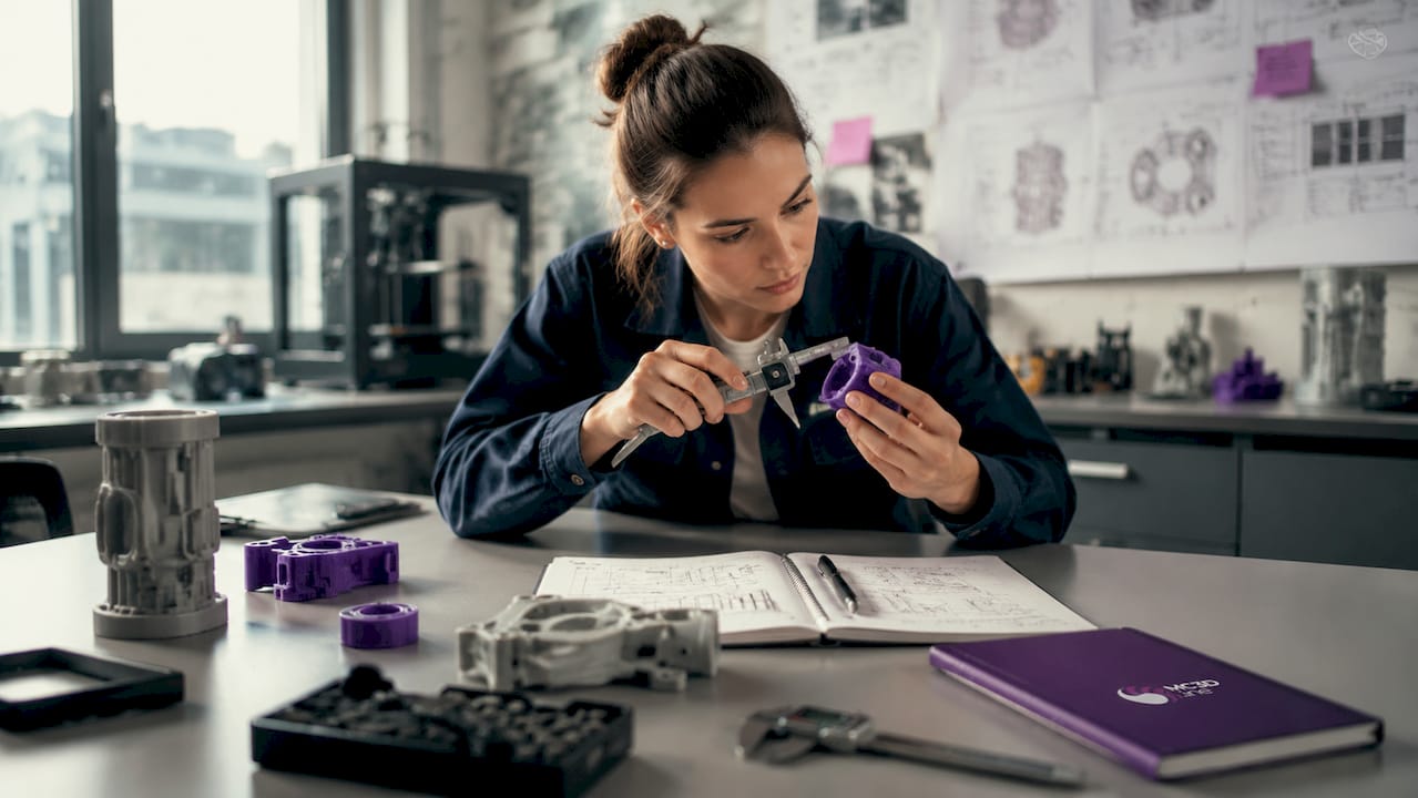 Une ingénieure procède au contrôle des dimensions d’une pièce réalisée en impression 3D.