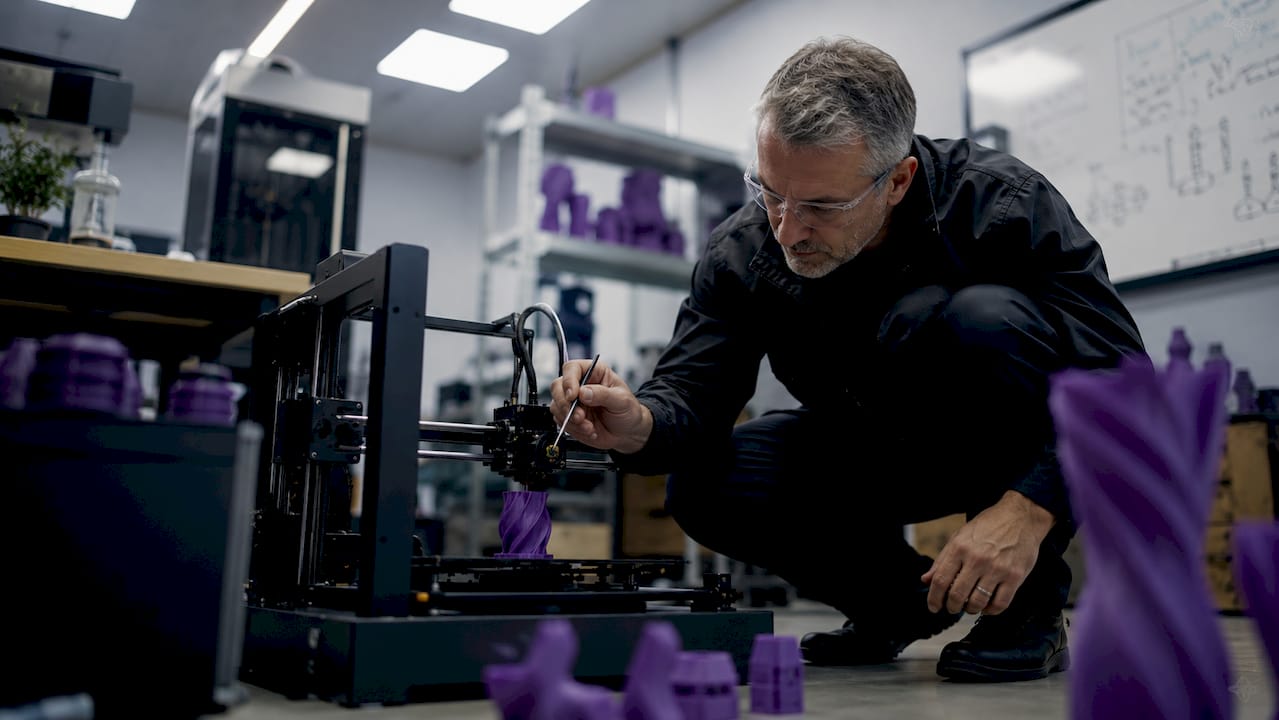 Un technicien en train de régler une imprimante 3D dans l’atelier.