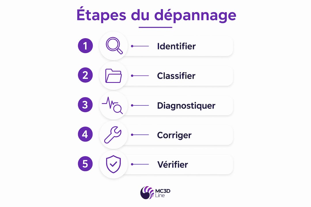 Découvrez en image les différentes étapes essentielles pour réussir le dépannage en impression 3D.