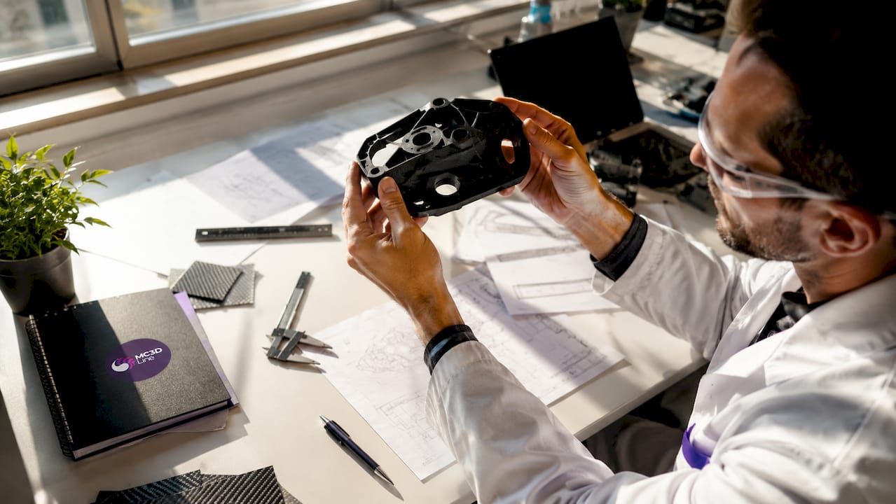 Un technicien procède au contrôle d’une pièce composite réalisée par impression 3D.