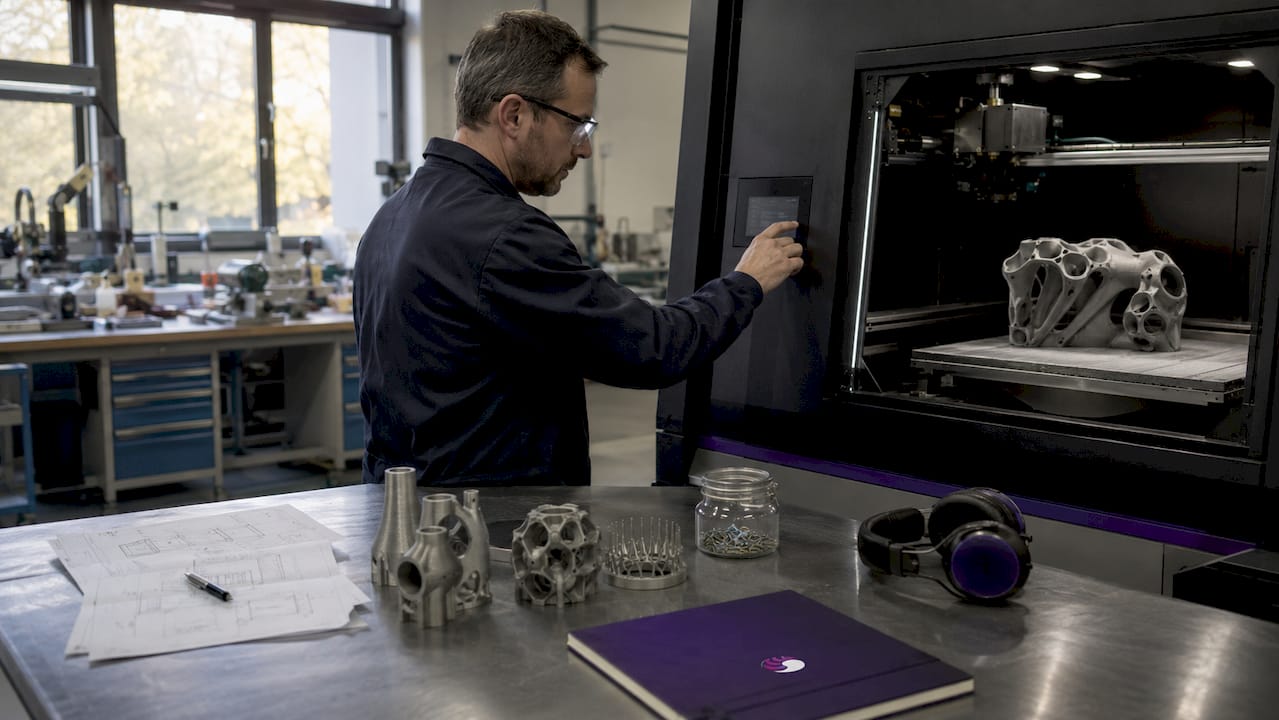 Un technicien procède aux réglages d’une imprimante 3D SLS dans l’atelier.