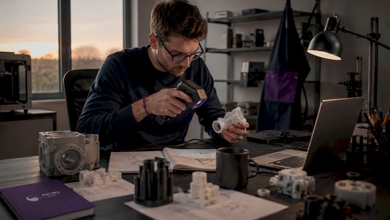 Un ingénieur en plein travail, manipulant un scanner 3D dans l’atelier d’une PME.