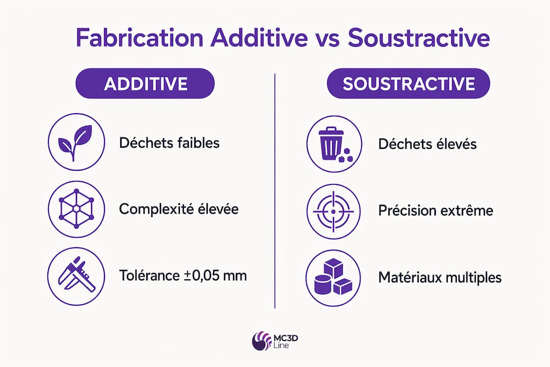 Infographie : les différences entre fabrication additive et fabrication soustractive