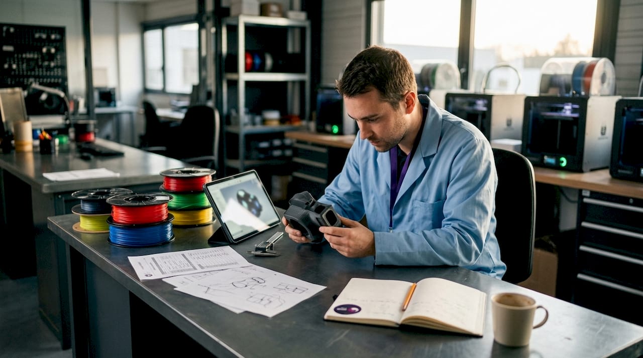 Un ingénieur utilise une tablette pour visualiser et gérer des données en 3D.