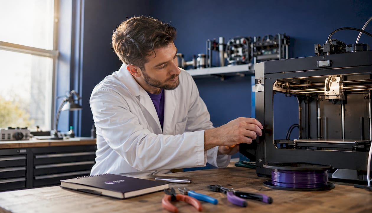 Un technicien en train de régler une imprimante 3D industrielle