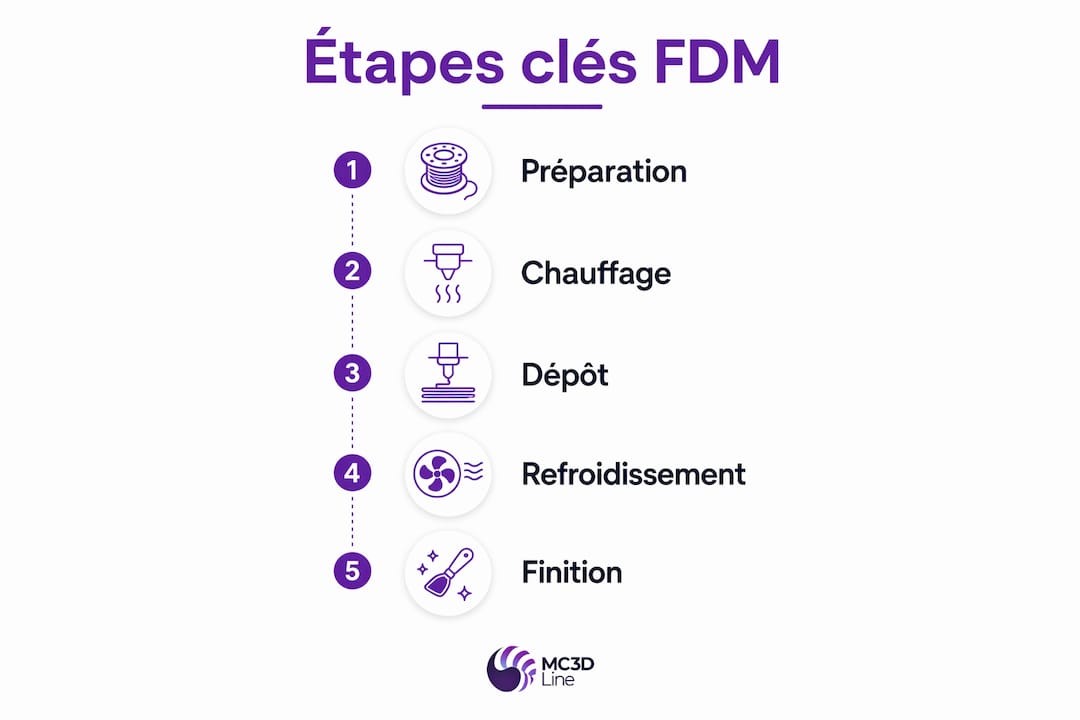 Découvrez en un coup d’œil les grandes étapes du procédé FDM grâce à cette infographie explicative.