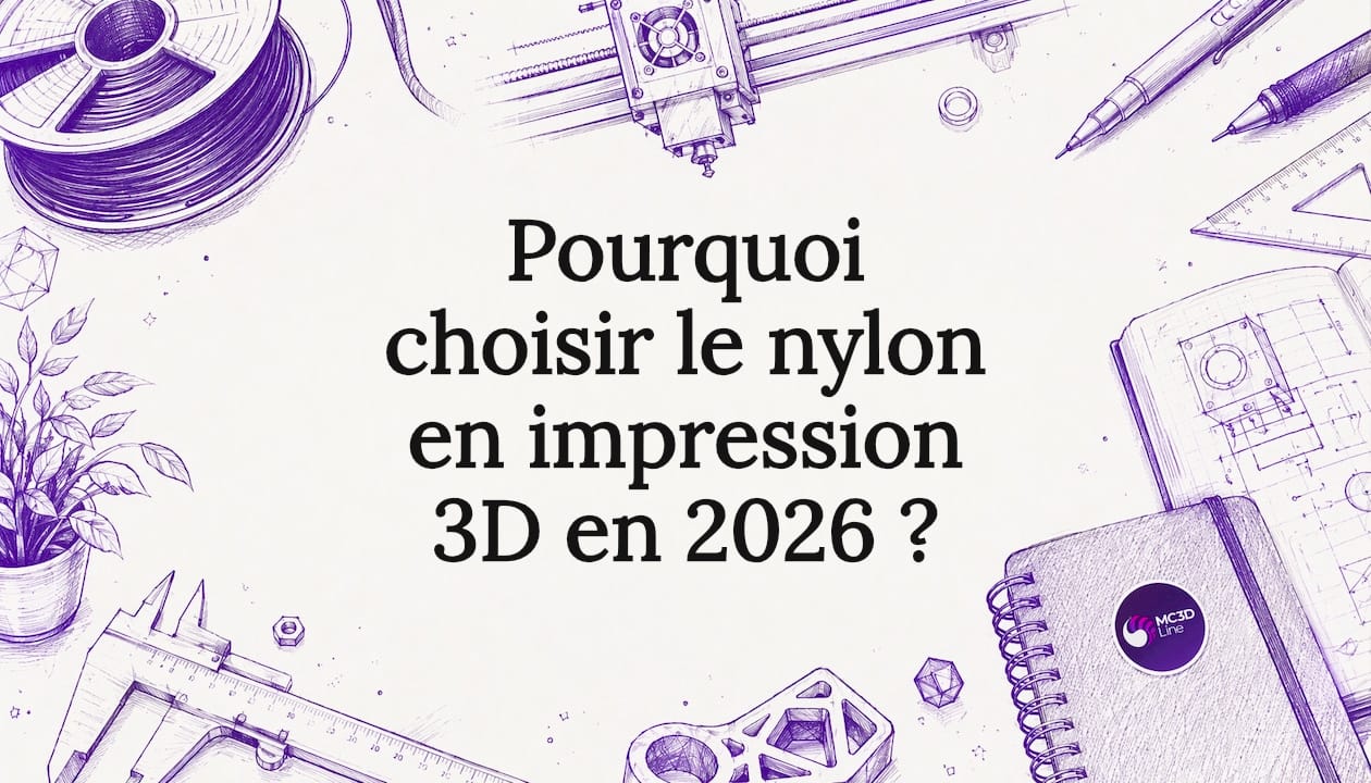 Carte de présentation illustrée mettant en avant des détails techniques en nylon 3D