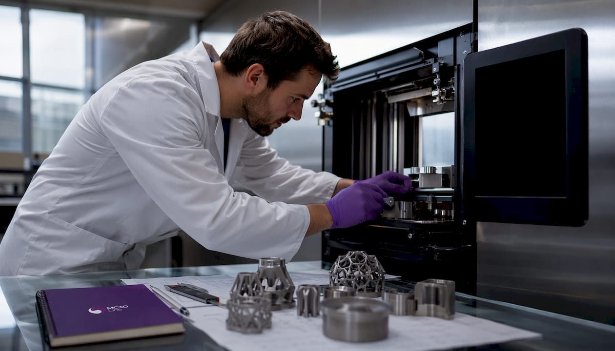 Un technicien en train de contrôler le bon fonctionnement d'une imprimante 3D industrielle.