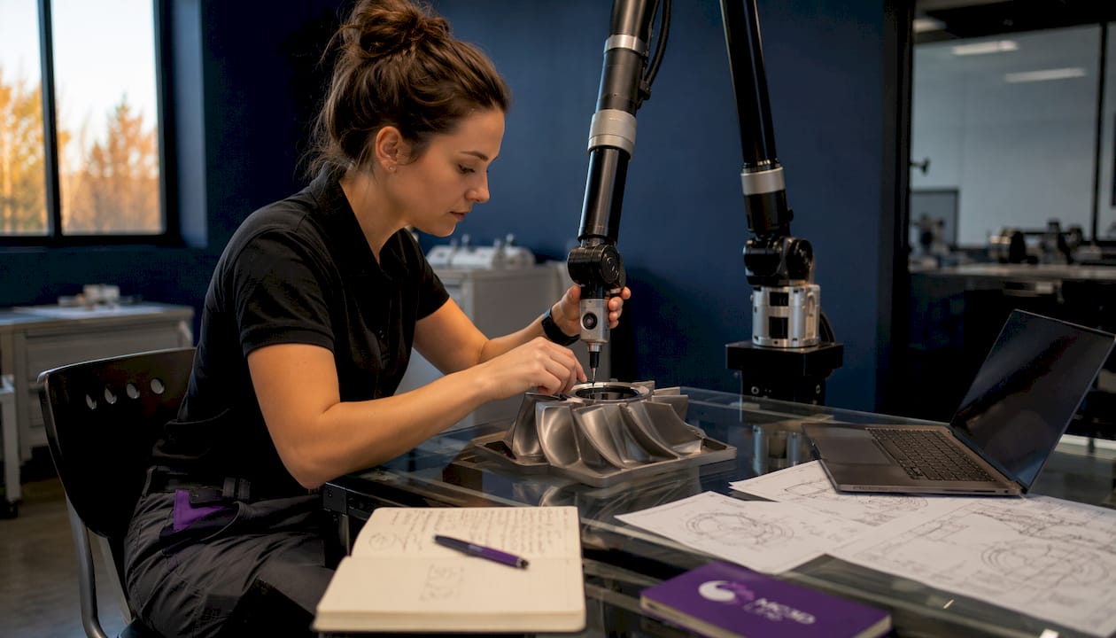 Une ingénieure en pleine analyse d’une pièce imprimée en 3D, prenant des mesures précises pour garantir sa conformité.