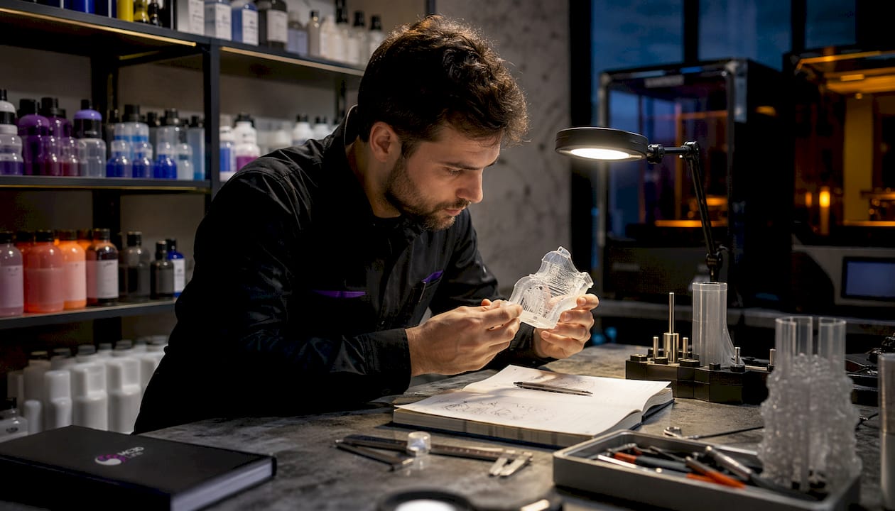 Un technicien contrôle une pièce réalisée en impression 3D dans l’atelier.