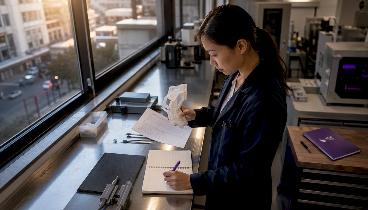 L’ingénieure travaille à l’analyse du prototype au sein du bureau d’études.