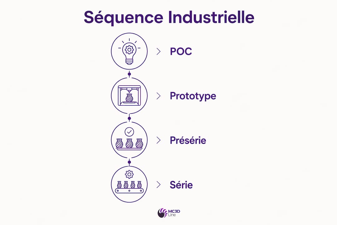 Infographie illustrant les étapes clés, du prototypage jusqu’à la production en série.