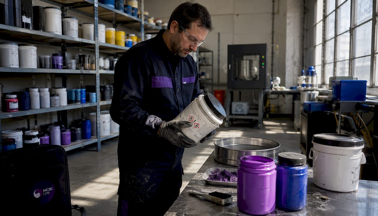 Opérateur chargé de la manipulation des poudres SLS en environnement industriel